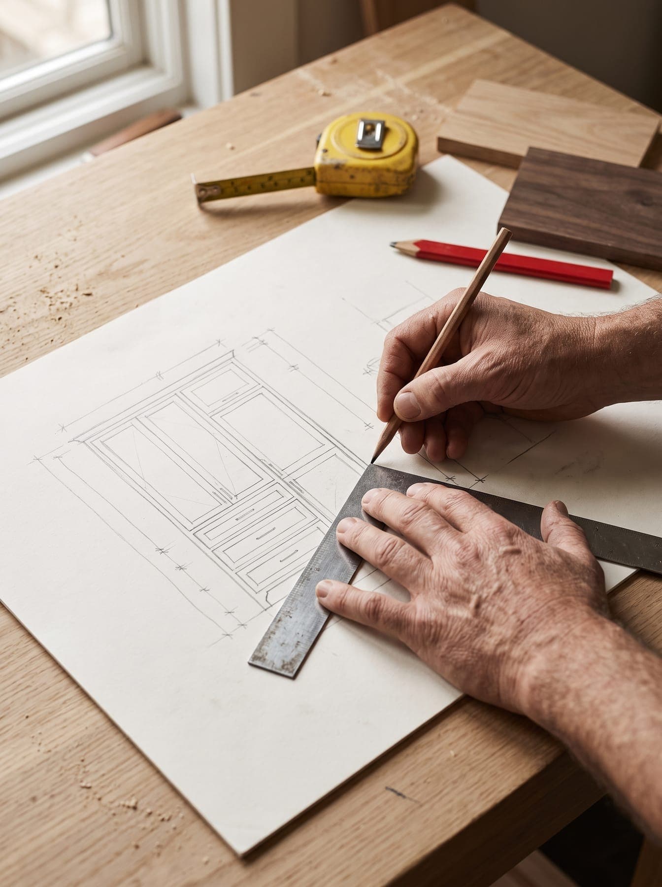 Plan de meuble dessiné à la main au crayon et à l’équerre, avec un mètre ruban et des échantillons de bois