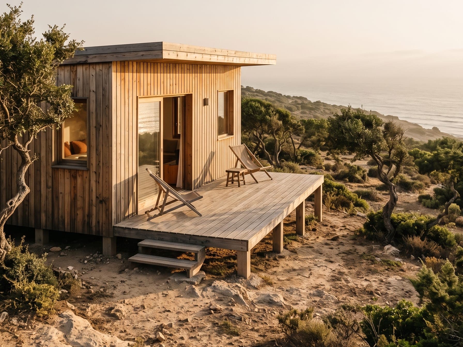 Bungalow en bois à bardage vertical avec terrasse sur pieds, face à la mer au coucher du soleil